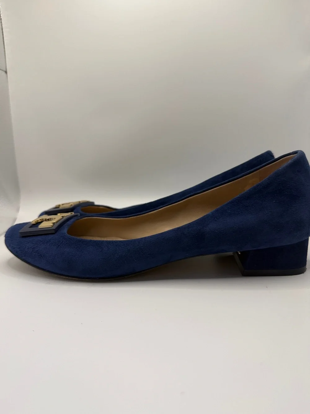 Tory Burch “Gigi” Navy Suede Pumps with Block Heel and Gold T Logo at the Toe